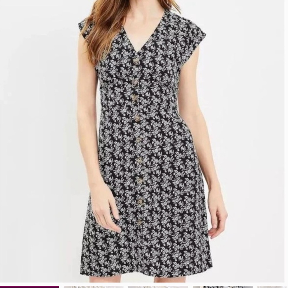LOFT Bloom Button Flare Dress Black Floral